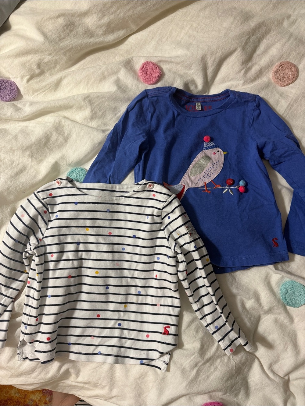 Joules Girls' Blue Long Sleeve Bird Tee and White Striped Polka Dot Top